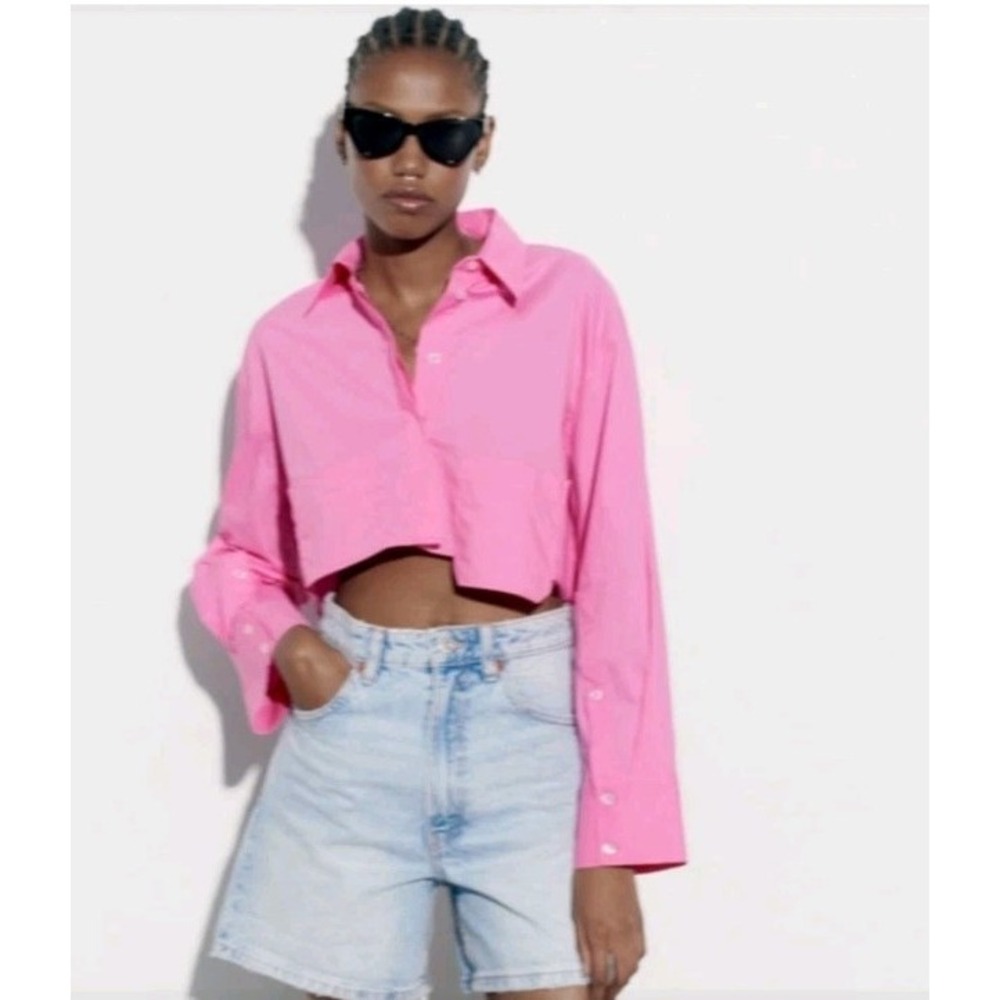 y2k coquette Zara Poplin Cropped Button Down Pockets‎ Pink Blouse Sz M